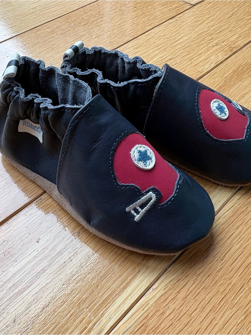 Robeez Navy Leather Baby Slip-On Shoes with Football Helmets - Picture 3 of 7
